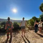 mixed group of adults sun salutation at psilocybin mushroom retreat