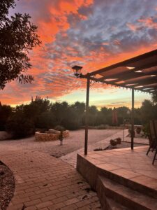 red sunset with clouds and pagoda