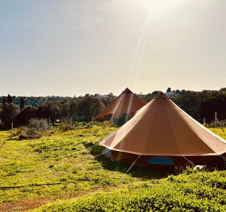 a 6m bell tent with awning, nestled in nature in the Algarve Portugal